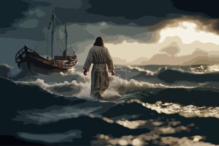 Hohe detaillierte Vollfarbvektor - Bild von Jesus, der im Sturm auf dem Wasser geht, Vector EPS