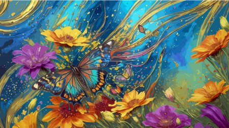 High Detailed Full Color Vector - Modern Abstract Art Butterfly and Flower Effect Evolving into Colorful Thick Oil Splash, Spray and Symmetrical Effects