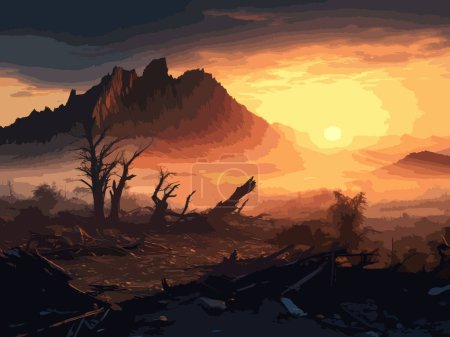 High Detailed Full Color Vector - Desolate Abandoned Post-Apocalyptic Nature Scene, Vector EPS