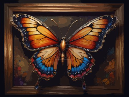 Illustration for High Detailed Full Color Vector - Fantasy artwork of a mesmerizing, jewel-toned butterfly set against a vibrant floral backdrop in a dreamlike framed composition, Vector EPS - Royalty Free Image