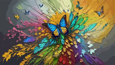 Hochdetaillierter Farbvektor - Moderne abstrakte Kunst Schmetterlings- und Blüteneffekt, der sich in bunte, dicke Ölspritzer, Spray und symmetrische Effekte verwandelt
