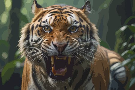 Téléchargez les illustrations : Haut détaillé vecteur polychrome - Extrême gros plan de féroce agression du tigre, vecteur EPS - en licence libre de droit