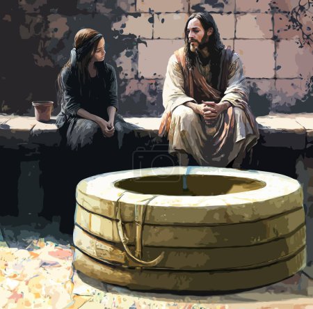 Alto Vector detallado a todo color - Pintura de Jesús hablando con la mujer samaritana en el pozo, agua viva, Vector EPS