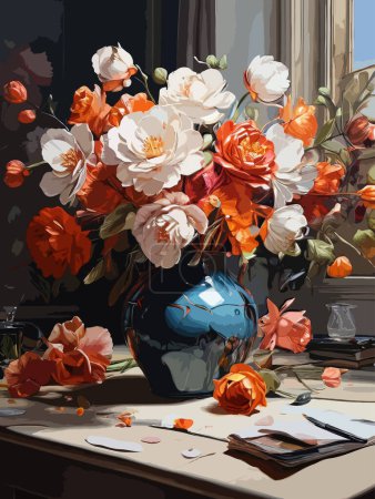 High Detailed Full Color Vector - Colorful Modern Special 3D Style Ultra Thick Oil Painting of Floral Arrangement, Vector EPS