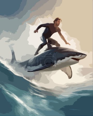 High Detailed Full Color Vector - Man Surfing on the Back of a Great White Shark, Vector EPS