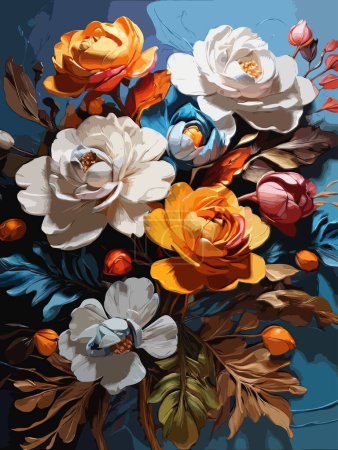 High Detailed Full Color Vector - Exuberant Bloom Painting - Colorful Modern Special 3D Style Ultra Thick Oil Painting of Floral Arrangement, Vector EPS