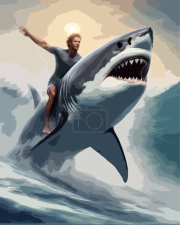 Ilustración de Alto vector detallado a todo color: el hombre surfeando en la parte posterior de un gran tiburón blanco, Vector EPS - Imagen libre de derechos