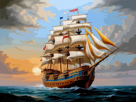 Ilustración de Alto Vector detallado a todo color - Pintura histórica de finales del siglo XVIII principios del siglo XIX Gran barco de vela, Vector EPS - Imagen libre de derechos