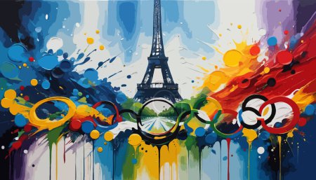 Summer Olympic Games 2024 Paris - Artistic Colorful Abstract Representation in Olympic Colors with Splash Paints and Relief Art