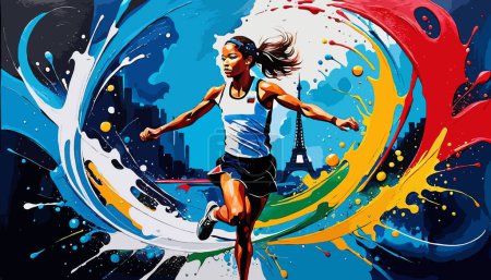 Summer Olympic Games 2024 Paris  Women Track  Artistic Colorful Abstract Representation in Olympic Colors with Splash Paints and Relief Art