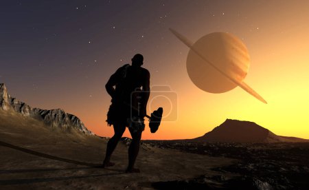 Photo for Primitive man in the desert on the background of the planet..3d render - Royalty Free Image