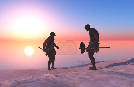 Photo for Ancient people against the evening landscape..3d render - Royalty Free Image