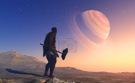 Photo for Primitive man looks at the planet..3d render - Royalty Free Image