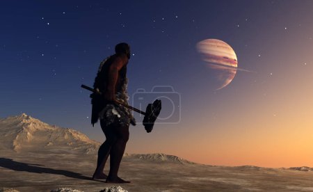 Téléchargez les photos : Homme primitif dans le désert sur le fond de la planète.. rendu 3d - en image libre de droit