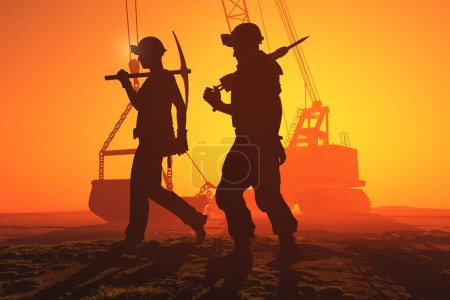 Photo for Silhouette of workers and excavator..,3d render - Royalty Free Image