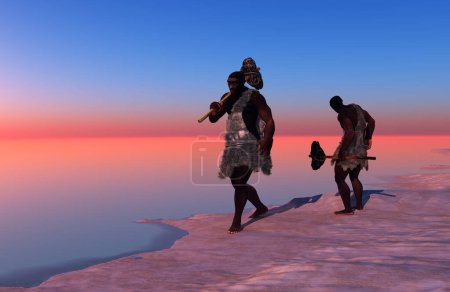 Photo for Primitive people at sunset., 3d render - Royalty Free Image