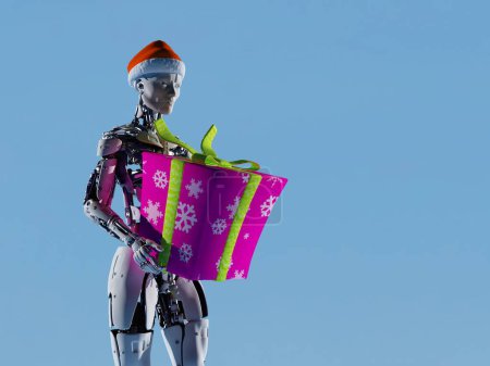 Foto de Robot with a Christmas present on a blue background.,3d render - Imagen libre de derechos