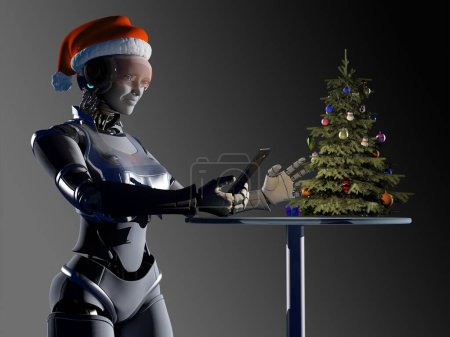 Foto de Robot with a Christmas present on a gray background.3d render - Imagen libre de derechos