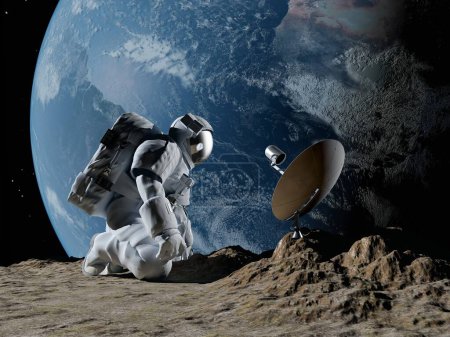 Téléchargez les photos : The astronaut on the background of the planet."Elemen ts of this image furnished by NASA".3d render - en image libre de droit