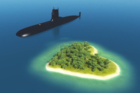 Foto de The military ship in the lagoon of the island green. 3d render - Imagen libre de derechos