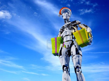 Téléchargez les photos : Robot with a Christmas present on a blue background.,3d render - en image libre de droit