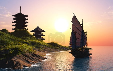 Photo for Old boat with sails on a colorful background lanshafty.3d render - Royalty Free Image
