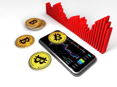 Foto de Bitcoin chart with a phone, on a white background.3d render - Imagen libre de derechos