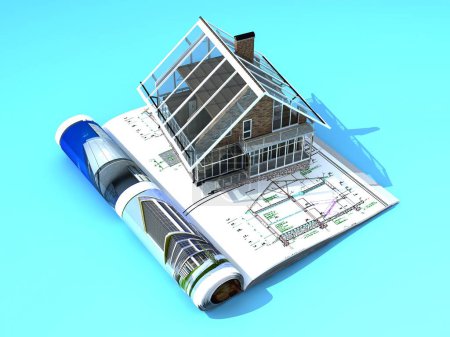 Photo for Model of the cottage on the magazine. 3d render - Royalty Free Image