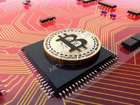 Foto de Bitcoin coins on the board of chips.,3d render - Imagen libre de derechos