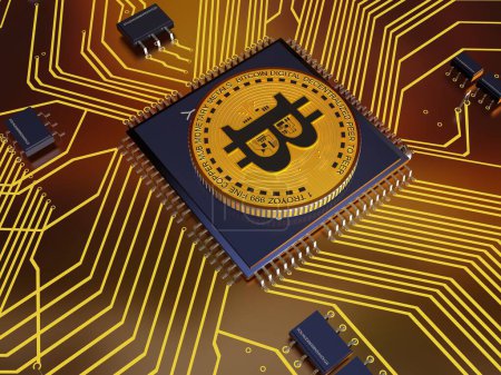 Téléchargez les photos : Bitcoin coins on the board of chips.,3d render - en image libre de droit