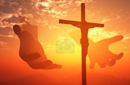 Photo for Hands and a crucifix against the sky. 3d render - Royalty Free Image
