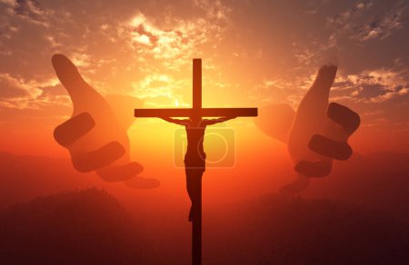 Téléchargez les photos : Les mains et un crucifix contre le ciel. 3d rendu - en image libre de droit
