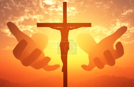 Photo for Hands and a crucifix against the sky. 3d render - Royalty Free Image