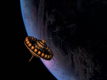 Photo for The space ship on the background of the planet.,3D render ."Elemen ts of this image furnished by NASA" - Royalty Free Image