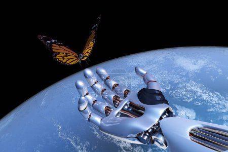 Foto de El brazo mecánico y una mariposa sobre un fondo de un planeta "Elemen ts de esta imagen proporcionada por la NASA", 3d render - Imagen libre de derechos