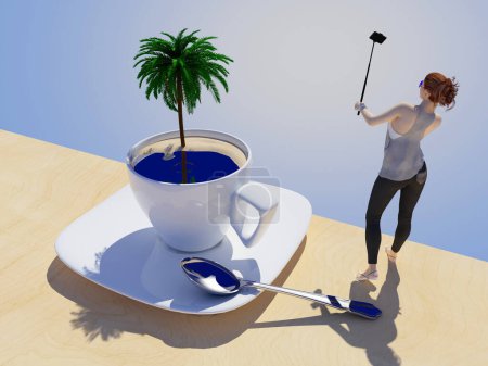 Photo for A girl takes a selfie near a cup with a palm tree.,3d render - Royalty Free Image