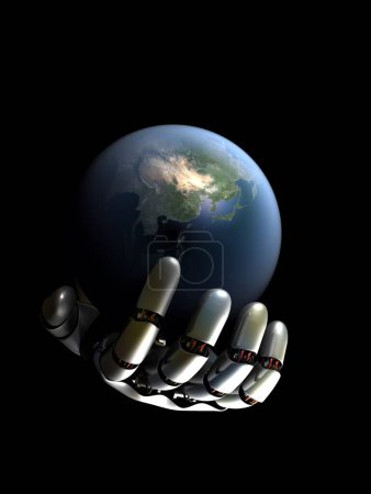 Foto de Modelo del globo en un brazo robot. 3d renderizar - Imagen libre de derechos