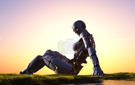 Téléchargez les photos : Robot femme sur un fond de coucher de soleil coloré., 3d render - en image libre de droit