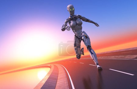 Photo for The robot to running along the road.,3d render - Royalty Free Image