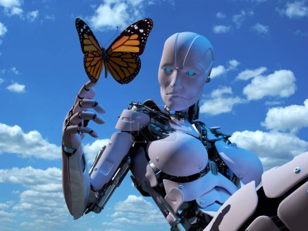 Photo for Robot and a butterfly on a blue background,3d render - Royalty Free Image