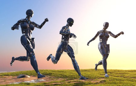 Foto de Dos cyborgs están corriendo a lo largo de la carretera., 3d render - Imagen libre de derechos