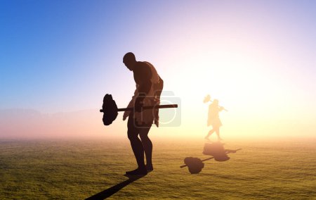 Photo for Primitive man silhouette against the sun.,3d render - Royalty Free Image