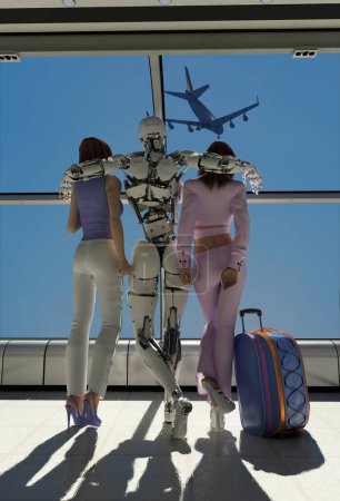 Téléchargez les photos : Cyborg avec des filles à l'aéroport.., rendu 3d - en image libre de droit