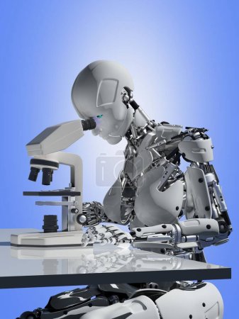 Téléchargez les photos : Cyborg fonctionne avec un microscope, rendu 3D - en image libre de droit