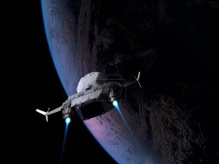 Foto de La nave espacial en el fondo del planeta. "Elementos de esta imagen proporcionados por la NASA", 3d render - Imagen libre de derechos