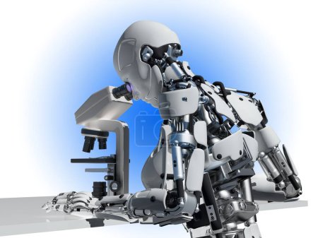 Téléchargez les photos : Cyborg fonctionne avec un microscope, rendu 3D - en image libre de droit