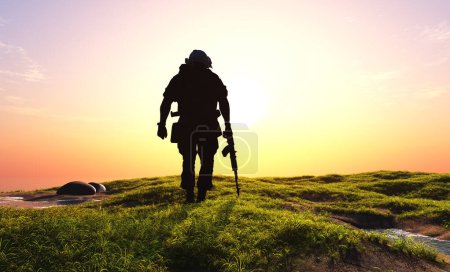 Foto de Silueta de un soldado al atardecer., 3d render - Imagen libre de derechos