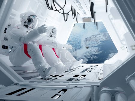 Téléchargez les photos : Groupe d'astronautes à l'intérieur de l'engin spatial.. rendu 3d - en image libre de droit