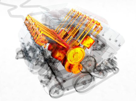 Téléchargez les photos : Le moteur de la voiture sur un fond blanc., rendu 3D - en image libre de droit