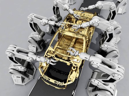 Téléchargez les photos : Robots groupe collecté voiture moderne, rendu 3d - en image libre de droit